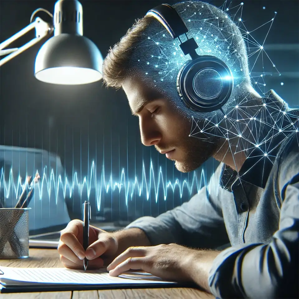 A person intensely focused, working or studying at a desk with headphones on, illustrating the use of binaural beats to enhance concentration