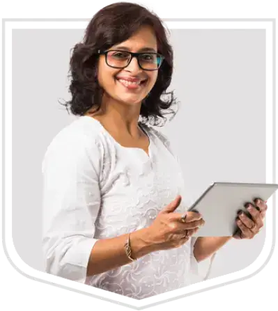 A woman smiling with a tablet computer.