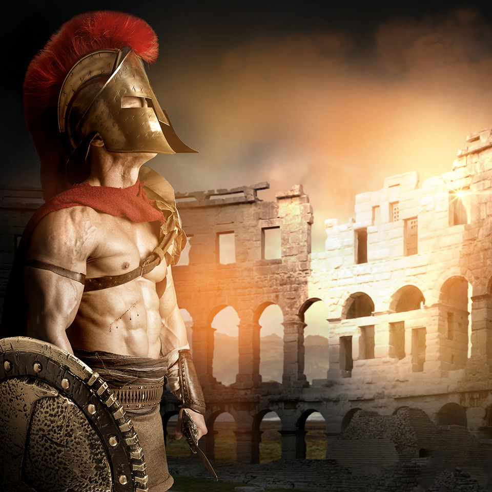 Ancient warrior posing in an arena