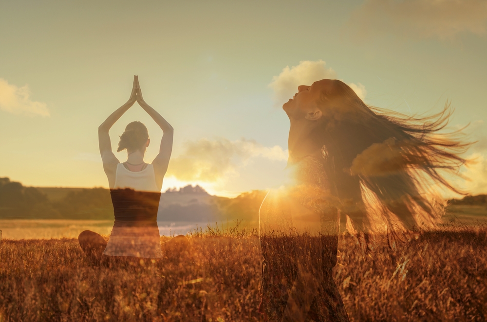 Two images of the same woman in a field, one looking free and one meditating