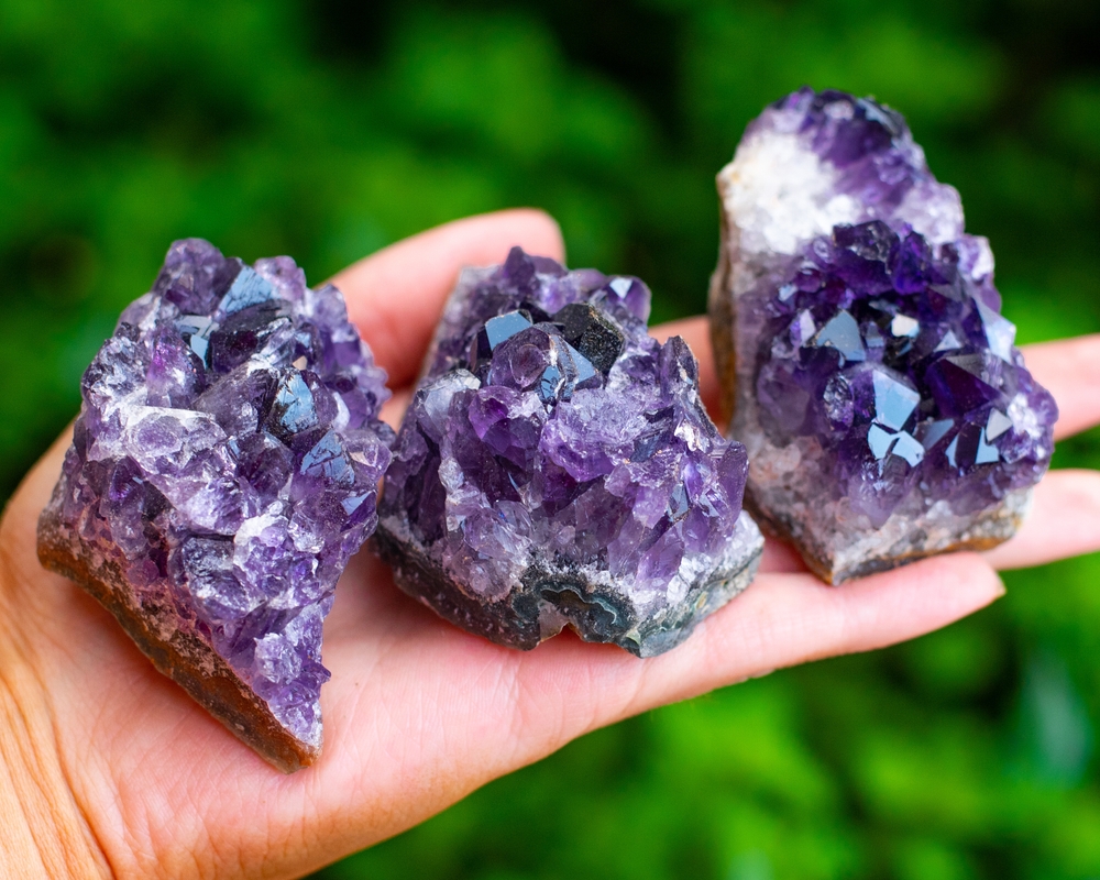 Three pieces of Amethyst in the palm of a hand