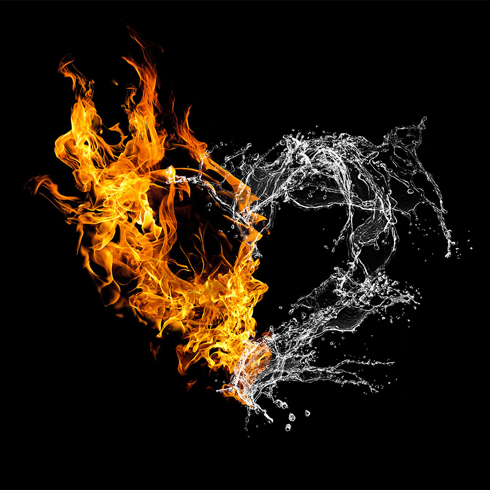 Fire and water are blending together.